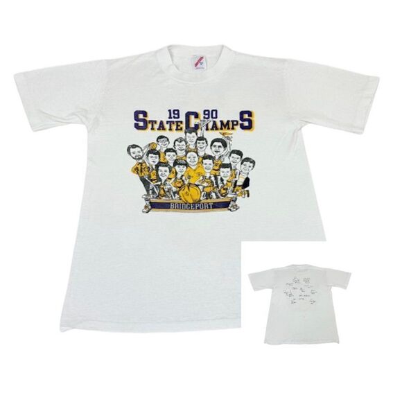 Vintage 1990 Bridgeport Basketball T-Shirt White Medium State Champs Single Sti - Picture 1 of 12